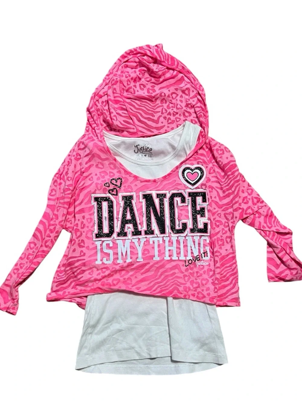 Justice girls Hot Pink Graphic Hooded Dance Top with Layered Hem sz 12
